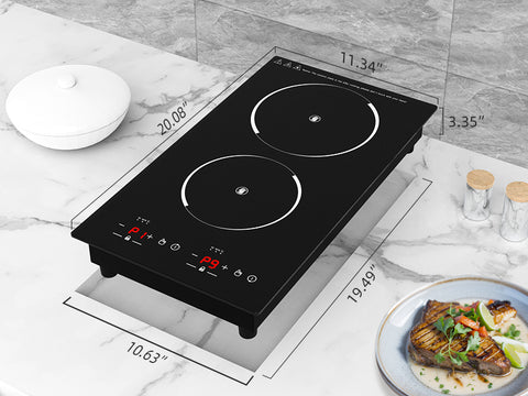 Accucold 120V 2-burner built-in induction cooktop in black with stainless steel trim kit for 13.38" wide spaces
