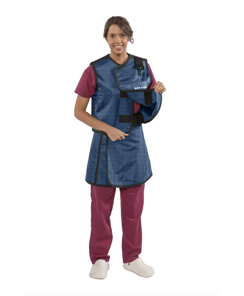 WOMEN'S APRON AND VEST : .35 mm   Lead Free W/THYROID COLLAR VEST: 24X25 APRON: 22.35X47-50  Shimmering Navy Blue - Extra Large