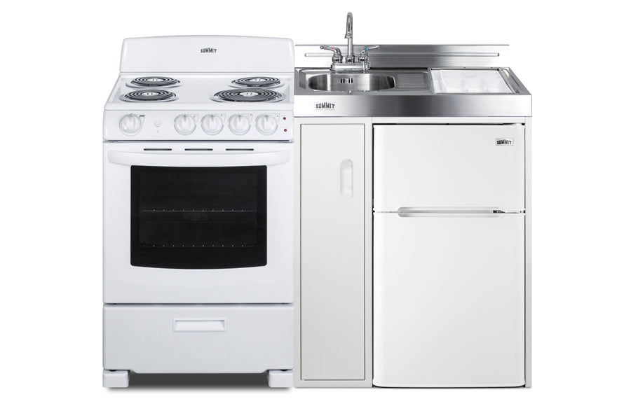 All-in-one combination kitchenette with refrigerator-freezer, sink, storage cabinet, and coil range (Model ACK54COILW)