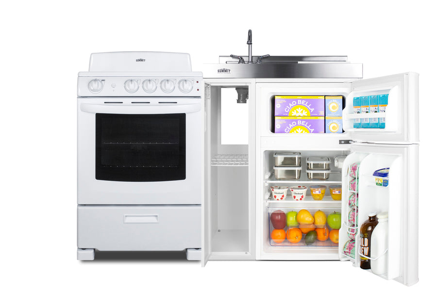 All-in-one combination kitchenette with refrigerator-freezer, sink, storage cabinet, and coil range (Model ACK54COILW)