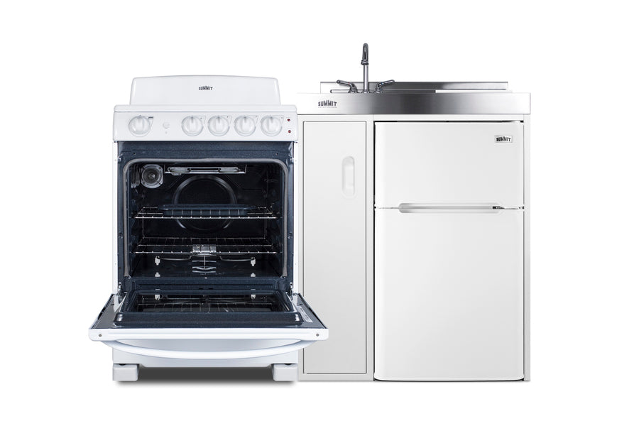All-in-one combination kitchenette with refrigerator-freezer, sink, storage cabinet, and coil range (Model ACK54COILW)