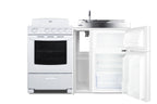 All-in-one combination kitchenette with refrigerator-freezer, sink, storage cabinet, and coil range (Model ACK54COILW)