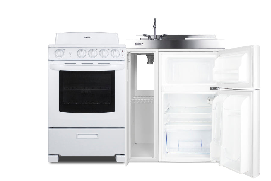 All-in-one combination kitchenette with refrigerator-freezer, sink, storage cabinet, and coil range (Model ACK54COILW)