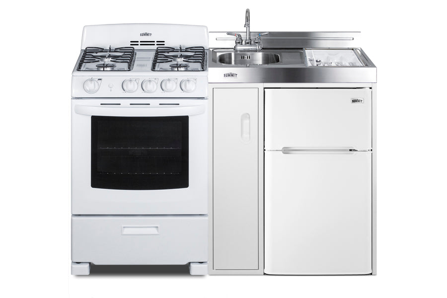 Accucold All-in-one combination kitchenette with refrigerator-freezer, sink, storage cabinet, and gas range (Model ACK54GASW)