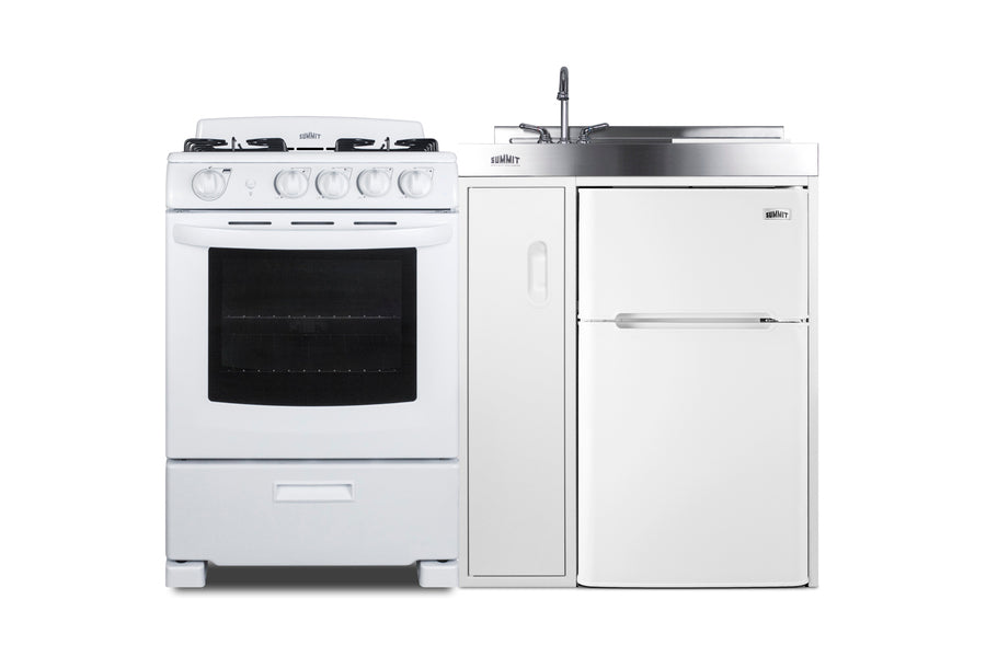Accucold All-in-one combination kitchenette with refrigerator-freezer, sink, storage cabinet, and gas range (Model ACK54GASW)
