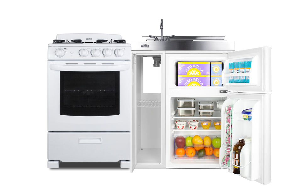 Accucold All-in-one combination kitchenette with refrigerator-freezer, sink, storage cabinet, and gas range (Model ACK54GASW)