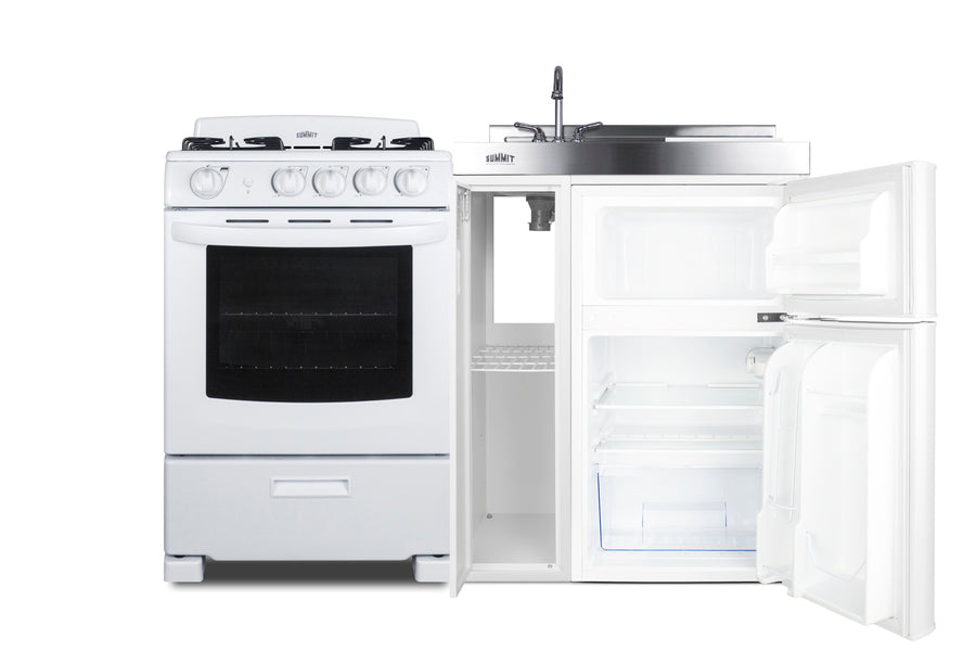 Accucold All-in-one combination kitchenette with refrigerator-freezer, sink, storage cabinet, and gas range (Model ACK54GASW)