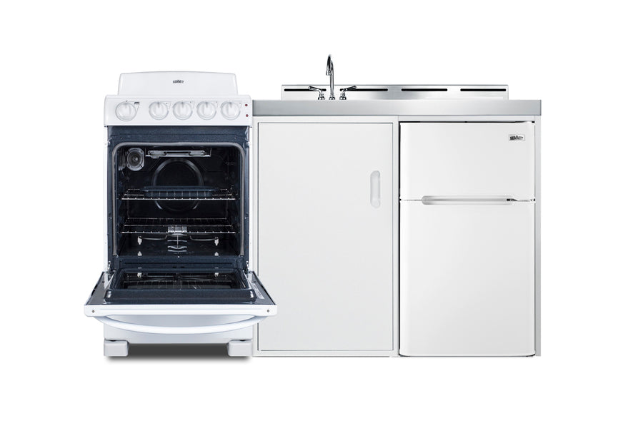 All-in-one combination kitchenette with refrigerator-freezer, sink, storage cabinet, and coil range (Model ACK60COILW)