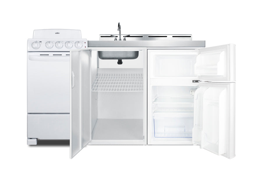 All-in-one combination kitchenette with refrigerator-freezer, sink, storage cabinet, and coil range (Model ACK60COILW)