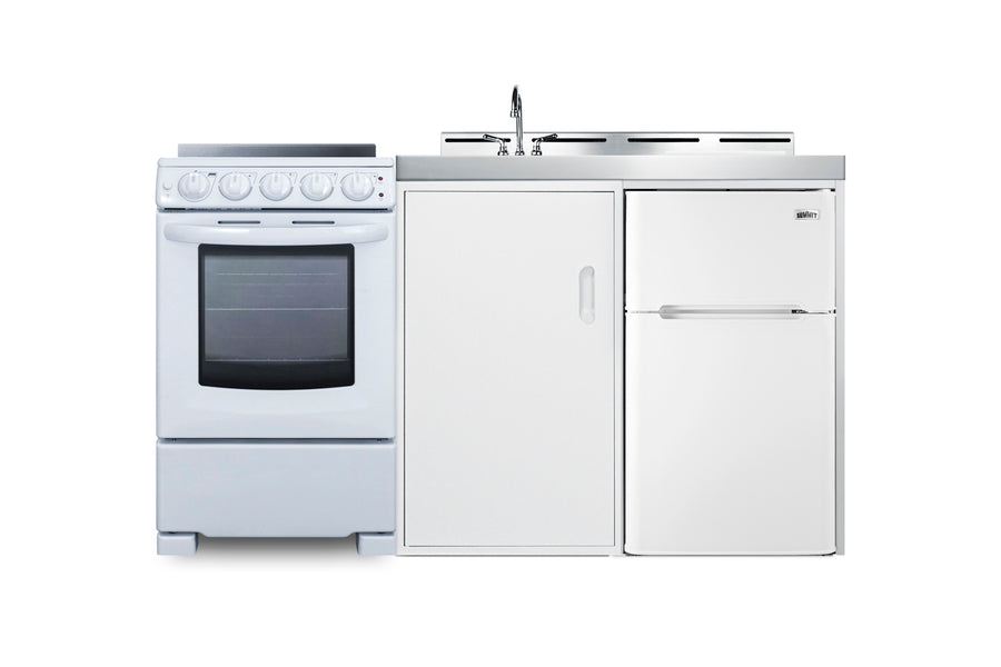 All-in-one combination kitchenette with refrigerator-freezer, sink, storage cabinet, and smooth-top range (Model ACK60ELSTW) - Front