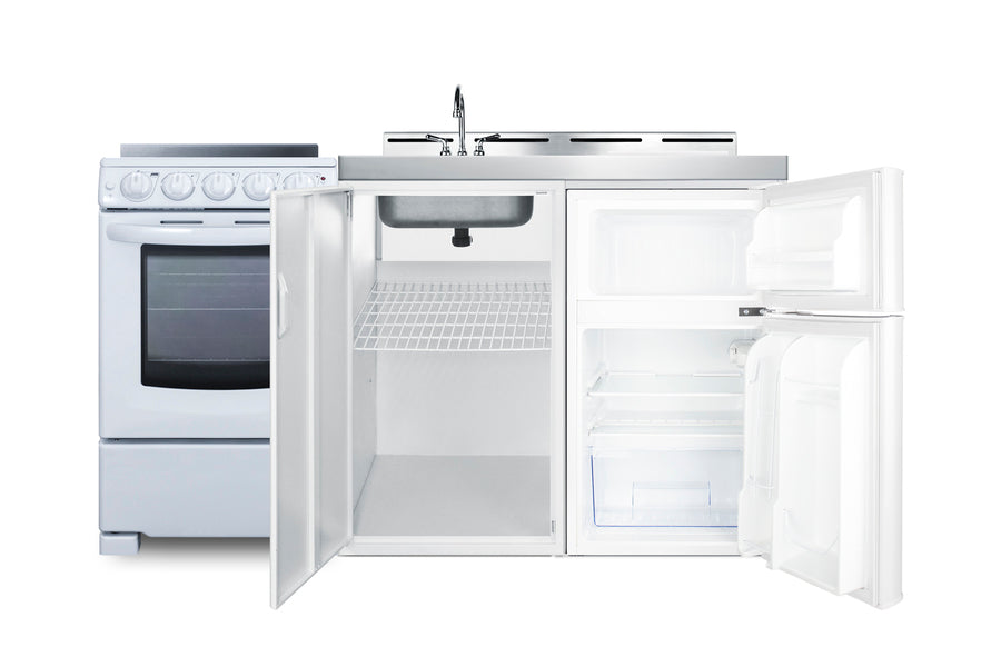 All-in-one combination kitchenette with refrigerator-freezer, sink, storage cabinet, and smooth-top range (Model ACK60ELSTW) - Open