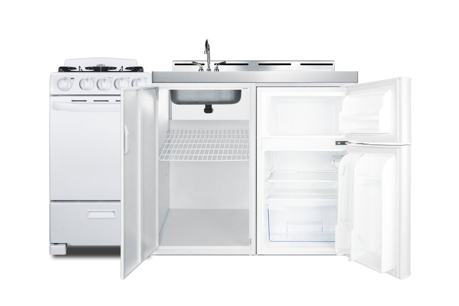 All-in-one combination kitchenette with refrigerator-freezer, sink, storage cabinet, and gas range (Model ACK60GASW) - Open