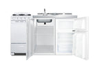 All-in-one combination kitchenette with refrigerator-freezer, sink, storage cabinet, and gas range (Model ACK60GASW) - Open