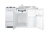 All-in-one combination kitchenette with refrigerator-freezer, sink, storage cabinet, and gas range (Model ACK60GASW) - Open