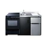 All-in-one combination kitchenette in black with refrigerator-freezer, sink, storage cabinet, and smooth-top range