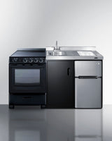 All-in-one combination kitchenette in black with refrigerator-freezer, sink, storage cabinet, and smooth-top range