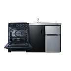 All-in-one combination kitchenette in black with refrigerator-freezer, sink, storage cabinet, and smooth-top range