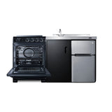 All-in-one combination kitchenette in black with refrigerator-freezer, sink, storage cabinet, and smooth-top range