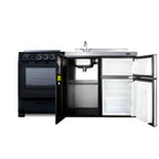 All-in-one combination kitchenette in black with refrigerator-freezer, sink, storage cabinet, and smooth-top range