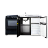 All-in-one combination kitchenette in black with refrigerator-freezer, sink, storage cabinet, and smooth-top range