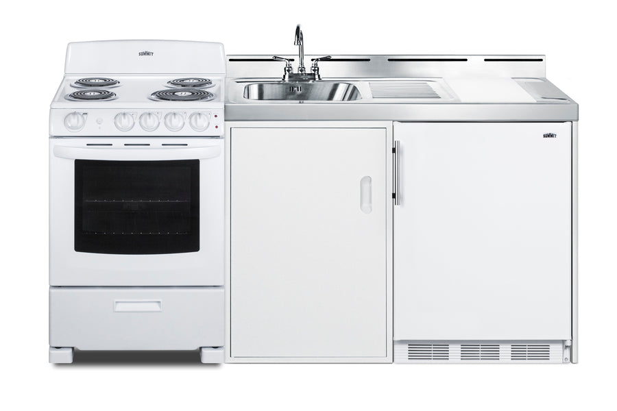 Accucold All-in-one combination kitchenette with refrigerator-freezer, sink, storage cabinet, and coil range (Model ACK72COILW)