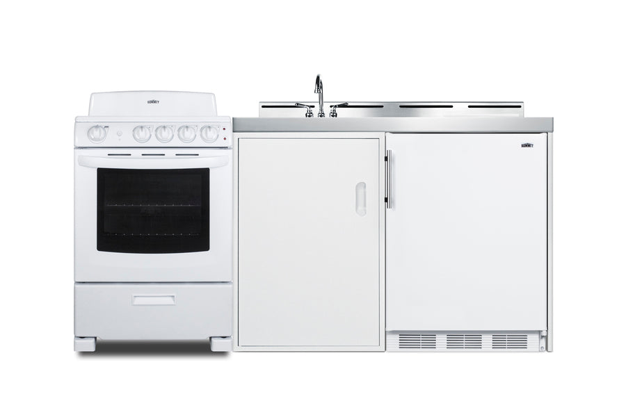 Accucold All-in-one combination kitchenette with refrigerator-freezer, sink, storage cabinet, and coil range (Model ACK72COILW)