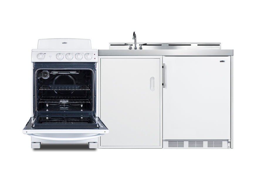 Accucold All-in-one combination kitchenette with refrigerator-freezer, sink, storage cabinet, and coil range (Model ACK72COILW)