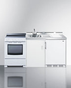 All-in-one combination kitchenette with refrigerator-freezer, sink, storage cabinet, and smooth-top range (Model ACK72EL