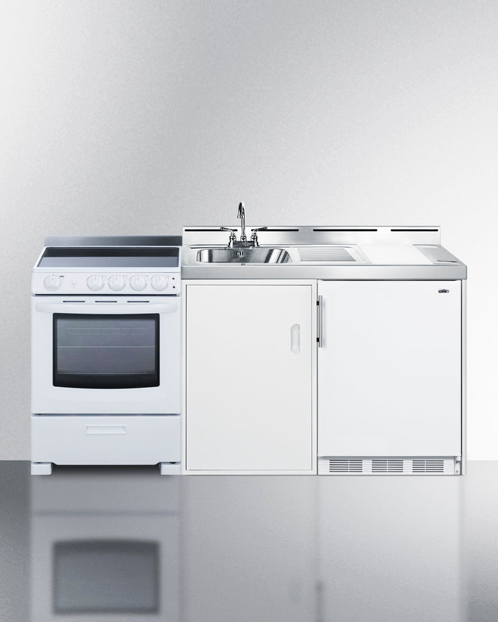 All-in-one combination kitchenette with refrigerator-freezer, sink, storage cabinet, and smooth-top range (Model ACK72EL