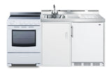 All-in-one combination kitchenette with refrigerator-freezer, sink, storage cabinet, and smooth-top range (Model ACK72EL