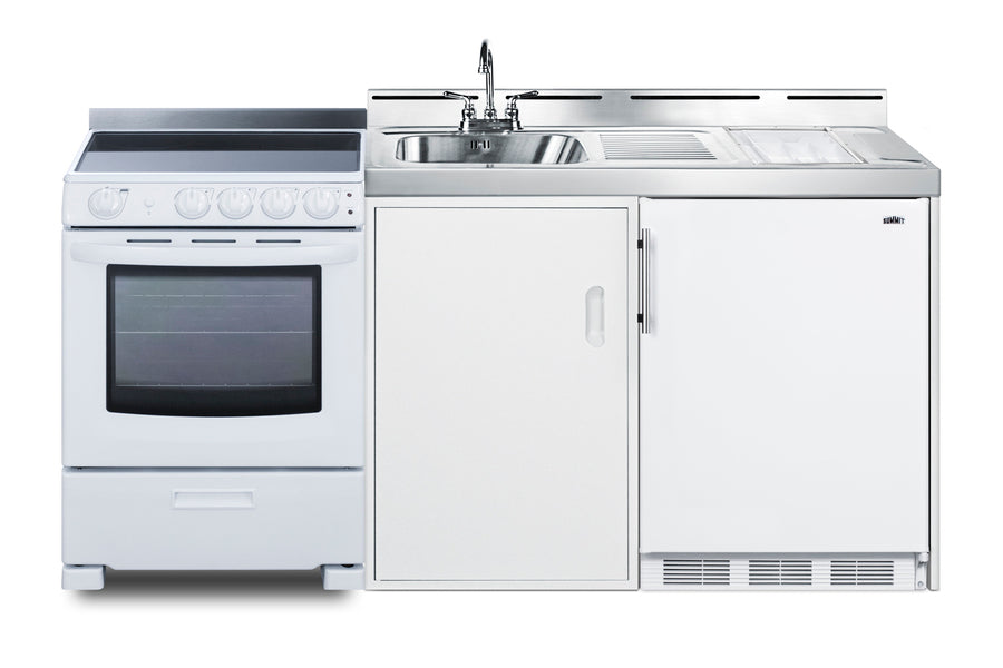 All-in-one combination kitchenette with refrigerator-freezer, sink, storage cabinet, and smooth-top range (Model ACK72EL