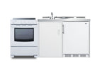 All-in-one combination kitchenette with refrigerator-freezer, sink, storage cabinet, and smooth-top range (Model ACK72EL
