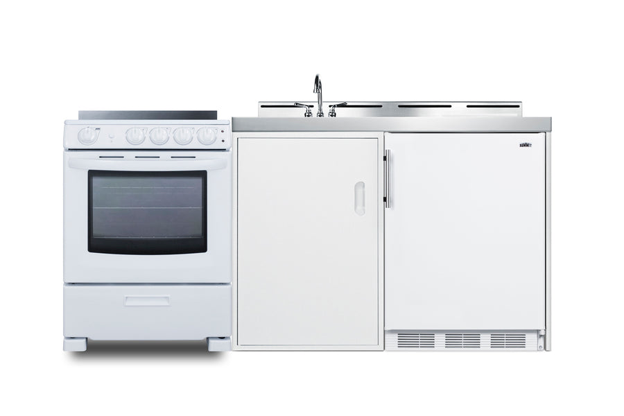 All-in-one combination kitchenette with refrigerator-freezer, sink, storage cabinet, and smooth-top range (Model ACK72EL