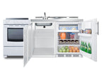 All-in-one combination kitchenette with refrigerator-freezer, sink, storage cabinet, and smooth-top range (Model ACK72EL