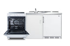 All-in-one combination kitchenette with refrigerator-freezer, sink, storage cabinet, and smooth-top range (Model ACK72EL
