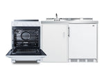 All-in-one combination kitchenette with refrigerator-freezer, sink, storage cabinet, and smooth-top range (Model ACK72EL