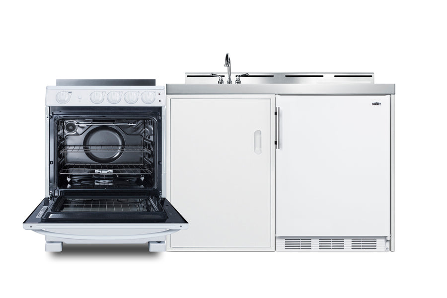 All-in-one combination kitchenette with refrigerator-freezer, sink, storage cabinet, and smooth-top range (Model ACK72EL
