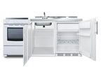 All-in-one combination kitchenette with refrigerator-freezer, sink, storage cabinet, and smooth-top range (Model ACK72EL