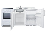 All-in-one combination kitchenette with refrigerator-freezer, sink, storage cabinet, and smooth-top range (Model ACK72EL