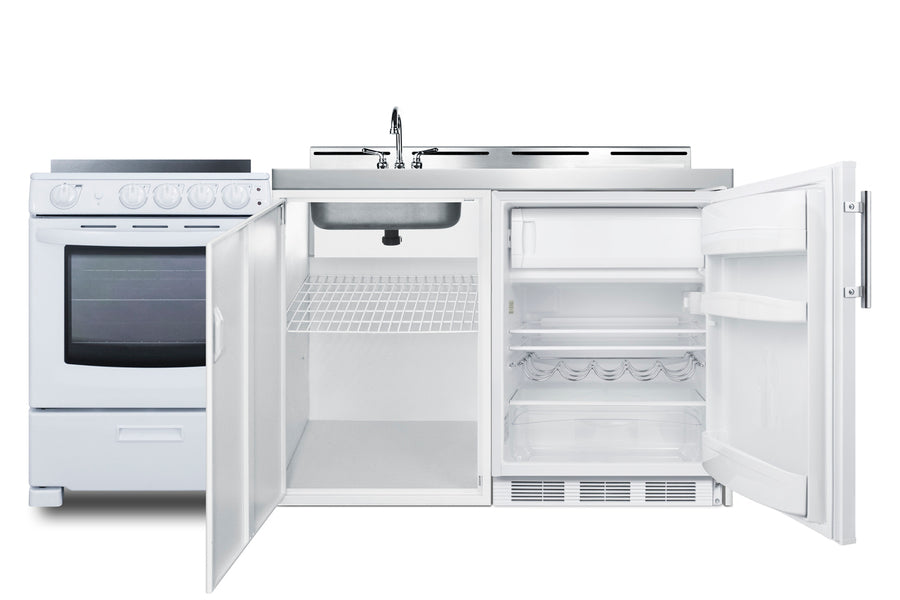All-in-one combination kitchenette with refrigerator-freezer, sink, storage cabinet, and smooth-top range (Model ACK72EL