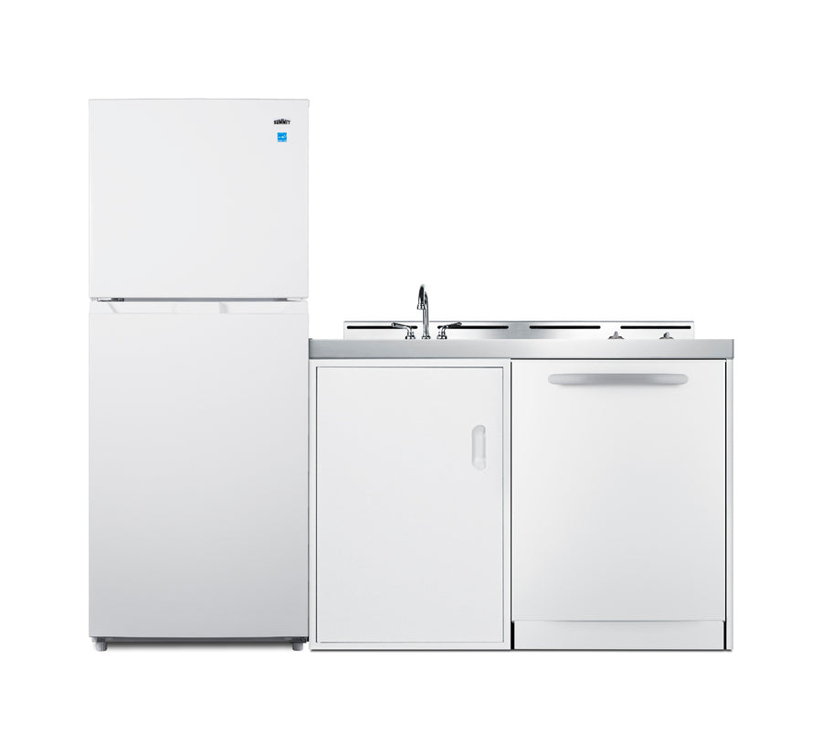 All-in-one combination kitchenette with full-sized refrigerator-freezer, dishwasher, sink, storage cabinet, and 2-burner (Model ACKDW721G) - Front