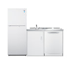 All-in-one combination kitchenette with full-sized refrigerator-freezer, dishwasher, sink, storage cabinet, and 2-burner