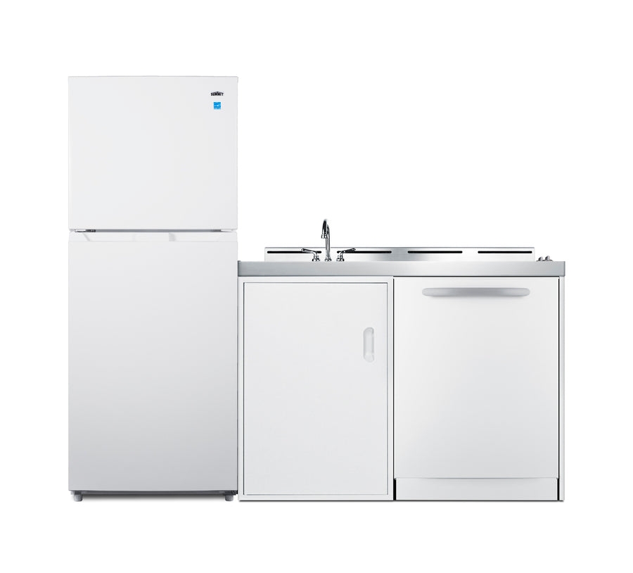 All-in-one combination kitchenette with full-sized refrigerator-freezer, dishwasher, sink, storage cabinet, and 2-burner