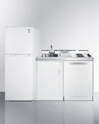 All-in-one combination kitchenette with full-sized refrigerator-freezer, dishwasher, sink, storage cabinet, and 2-burner