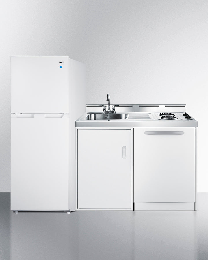 All-in-one combination kitchenette with full-sized refrigerator-freezer, dishwasher, sink, storage cabinet, and 2-burner