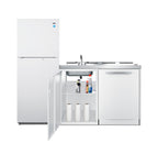 All-in-one combination kitchenette with full-sized refrigerator-freezer, dishwasher, sink, storage cabinet, and 2-burner