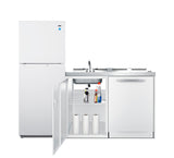 All-in-one combination kitchenette with full-sized refrigerator-freezer, dishwasher, sink, storage cabinet, and 2-burner