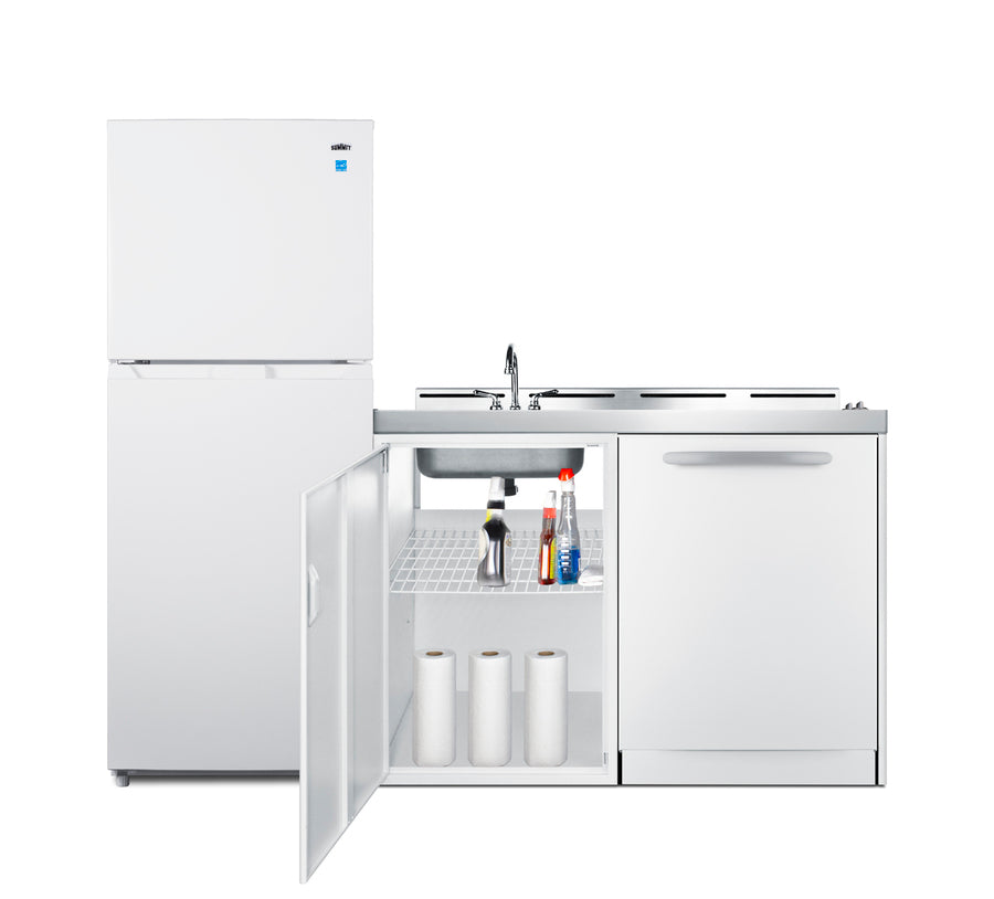 All-in-one combination kitchenette with full-sized refrigerator-freezer, dishwasher, sink, storage cabinet, and 2-burner