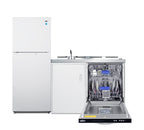 All-in-one combination kitchenette with full-sized refrigerator-freezer, dishwasher, sink, storage cabinet, and 2-burner