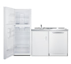All-in-one combination kitchenette with full-sized refrigerator-freezer, dishwasher, sink, storage cabinet, and 2-burner